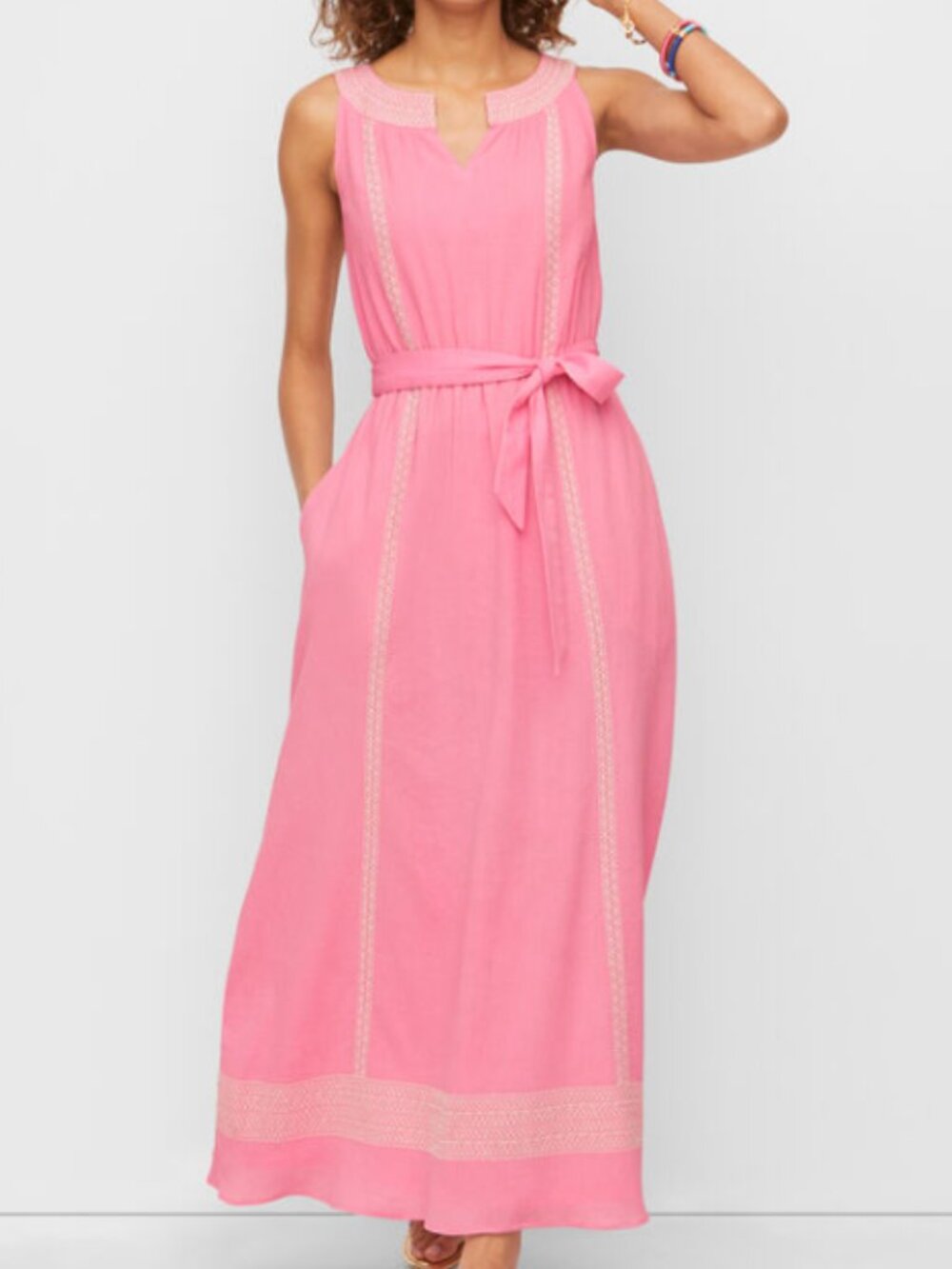 Talbots Embroidered Gauze Belted Maxi Dress - Pink